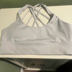 Gray Strappy Back Sports Bra with Scoop Neckline